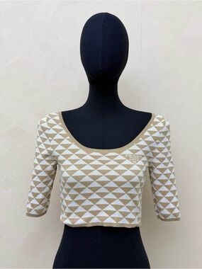 Prada Beige & White Geometric Crop Top